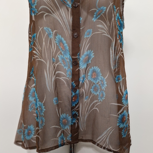 Cecico Sheer Brown Floral Academia Collared Button Down Hi-Lo Hem Top Size L - Picture 3 of 14